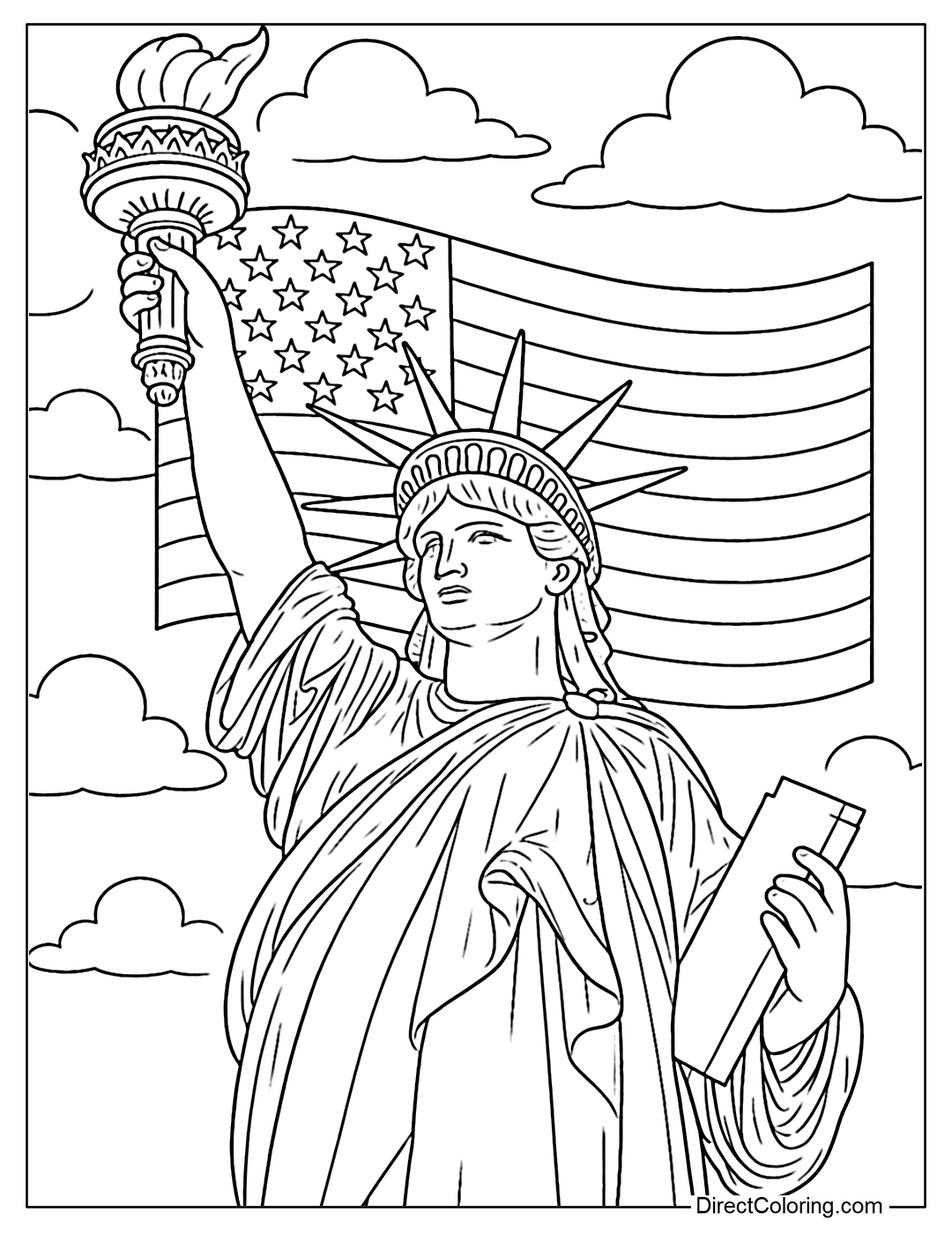 Statue of Liberty Coloring Page with torch and book, sky and American flag in the background.